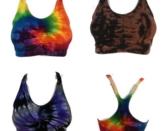 Tie dye racer back sports bra, crop top with adjustable straps.