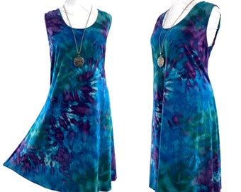 Sizes L-XL-1X tie dye swing style above-the-knee tank dress in bamboo blend.