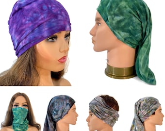 Unisex ice dye bamboo tube scarf, head wrap, hairband, headband, circle scarf.