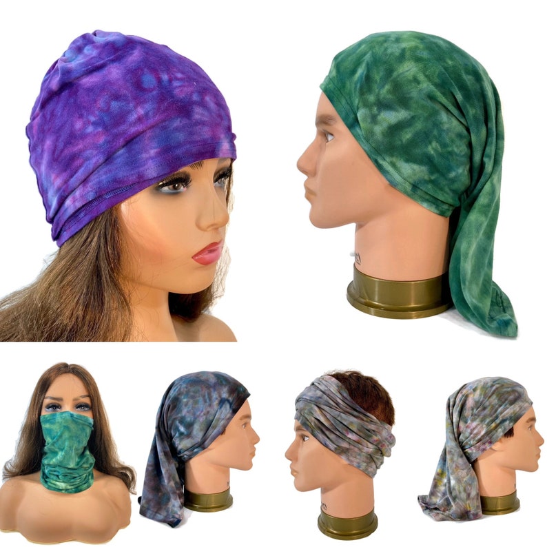 Unisex ice dye bamboo tube scarf, head wrap, hairband, headband, circle scarf. image 1