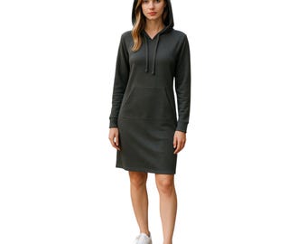 Size S grey hoodie dress in stretch bamboo/cotton Cali-fleece.