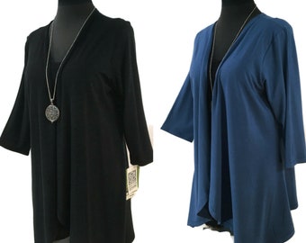 Bamboo 3/4 sleeve cardigan with asymmetrical hemline in solid colours.
