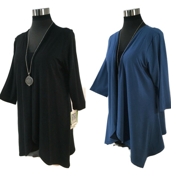 Bamboo 3/4 sleeve cardigan with asymmetrical hemline in solid colours.