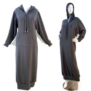XS Grey long hoodie dress, robe in stretch bamboo/cotton fleece.