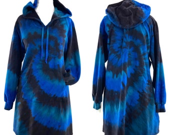 Plus size 3X blue, teal, black tie dyed stretch bamboo fleece tunic hoodie.