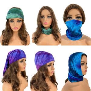 Unisex blue or purple or green tie dye bamboo tube scarf, head wrap, hairband, headband, circle scarf. image 1