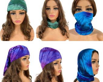 Unisex blue or purple or green tie dye bamboo tube scarf, head wrap, hairband, headband, circle scarf.