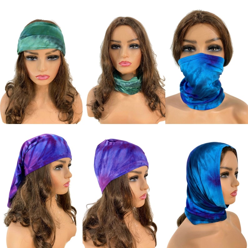 Unisex blue or purple or green tie dye bamboo tube scarf, head wrap, hairband, headband, circle scarf. image 1