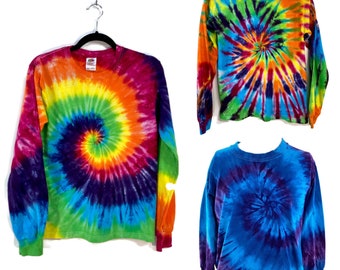 Youth long sleeve rainbow tie dye T-shirt.