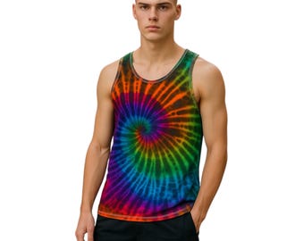 Men's black rainbow tie dye cotton tank tops in 4 sizes.