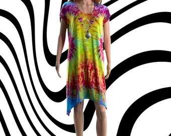 Small rainbow tie dye summer dress in bamboo jersey.