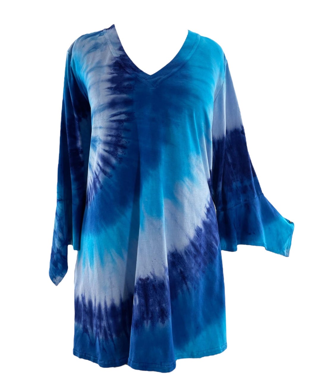 Plus Size 3X Blue Tie Dyed Bamboo Top With Flounced Sleeves and V-neck ...
