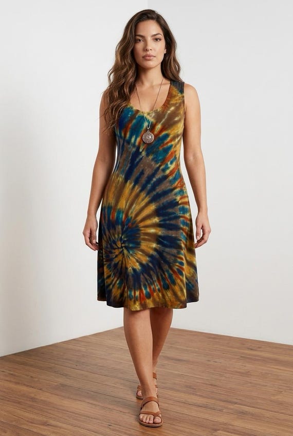 tie dye knee length dress S Tie Dye Swing Style Knee Length Tank Dress in Bamboo/cotton/spandex Jersey
