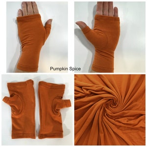 Bamboo fingerless gloves, texting gloves, wrist warmers in solid colours. Pumpkin Spice