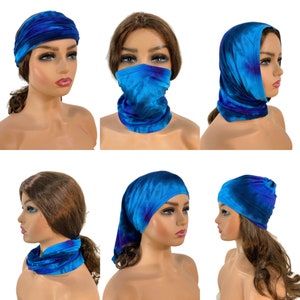 Unisex blue or purple or green tie dye bamboo tube scarf, head wrap, hairband, headband, circle scarf. image 2