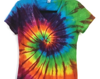 Ladies' cut rainbow tie dye fitted cotton T-shirt with V-neck.
