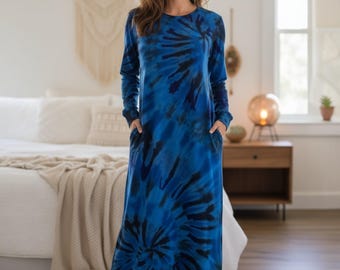 Blue tie dyed stretch bamboo/cotton house dress.
