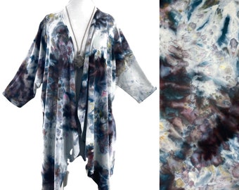 Plus size 3X black & white ice dye bamboo 3/4 sleeve cardigan with asymmetrical hemline.