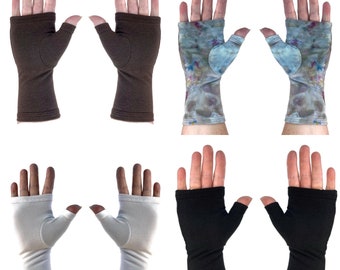 Cali-fleece bamboo wrist warmers, fingerless gloves, texting gloves: solid and tie dye colours.