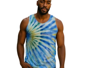 Men's fan fold tie dye cotton tank tops.