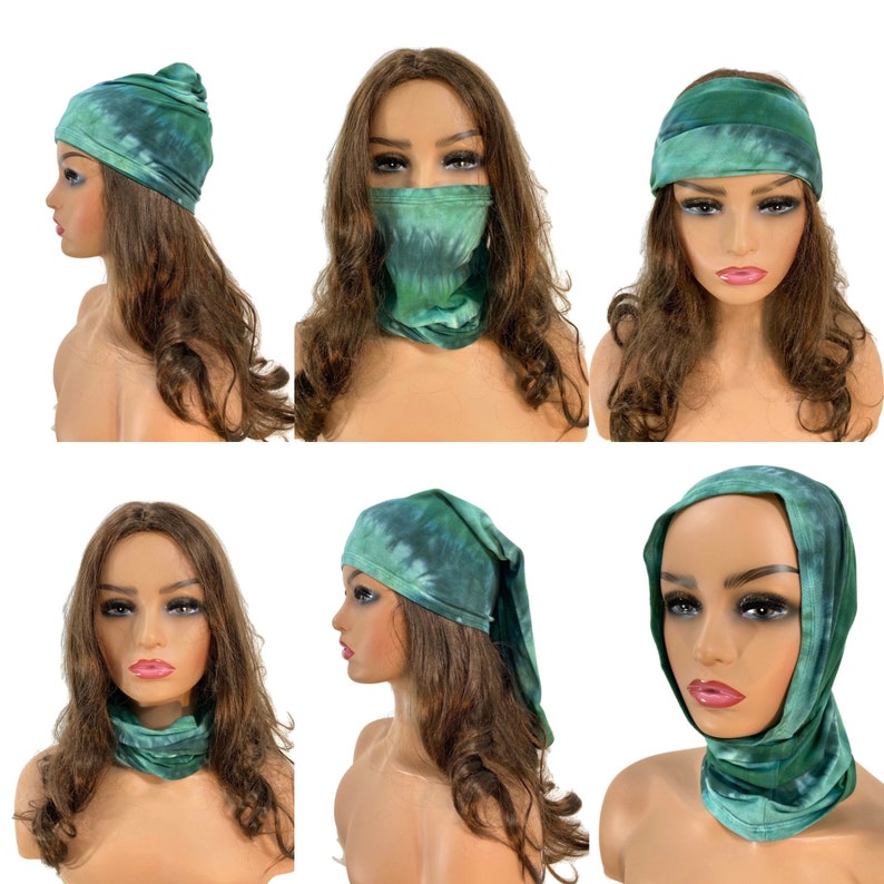 Unisex blue or purple or green tie dye bamboo tube scarf, head wrap, hairband, headband, circle scarf. image 4