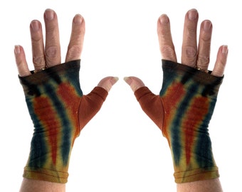 Brown tie dye bamboo fingerless gloves, wrist warmers, texting gloves.