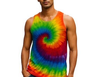 Men's rainbow tie dye cotton tank tops.