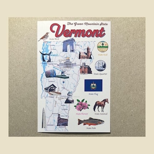 Nueva postal 4x6 Mapa del estado de Vermont Serie de mapas de los 50 estados