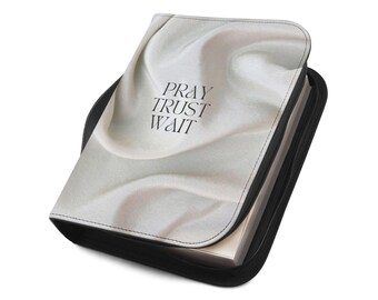 Pray Trust Wait Bible Cover | Soft Neutral Satin Texture, Church Cross Print