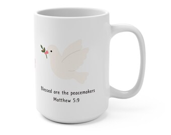 Dove with Olive Branch Bible Verse Mug | Matthew 5:9 Peacemakers Floral