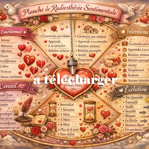 Può includere: Un grafico in stile vintage con testo francese, con un cuore centrale e sezioni circostanti etichettate come "Stato emotivo", "Intenzioni" ed "Evoluzione". Include cherubini, cuori e accenti floreali. Il testo "a télécharger" è visibile.