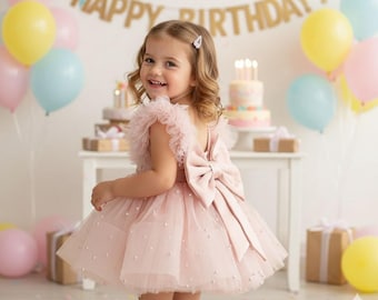 Handmade Blush Pink Tulle Dress – Pearl Bow Birthday Outfit