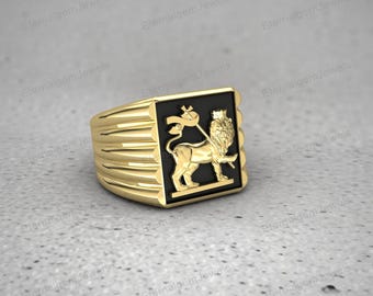 Lion of Judah Ring 925 Sterling Silver or Gold Filled, Black Enamel Signet Ring, Ethiopian Empire Flag, Handmade Men's Lion Crown Ring