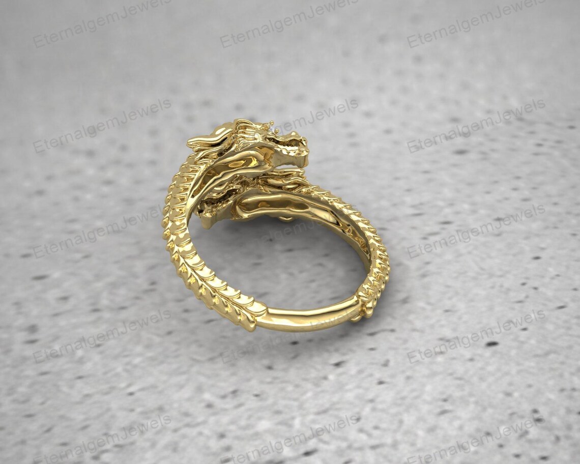Two Dragon Rings Double Head Dragon Ring 925 Sterling Silver 14K Gold Plated With Lab ...