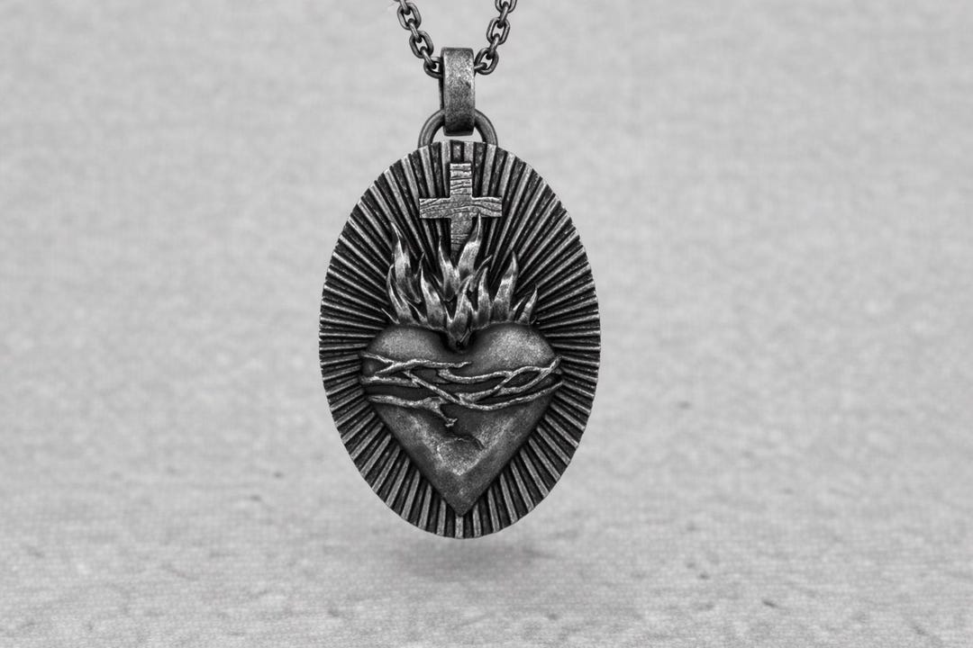925 Sterling Silver Sacred Heart of Jesus Pendant, Catholic Religious ...