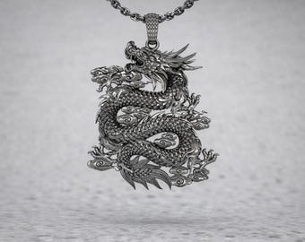 925 Sterling Silver Dragon Pendant Necklace, Chinese Lucky Dragon Charm, Mythical Creature Jewelry, Protection Power Gift for Him