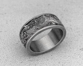 Chinese Dragon Ring 925 Sterling Silver Gothic Dragon Signet Ring Mythical Fantasy Jewelry Dragon Gift for Men Weight 20gm