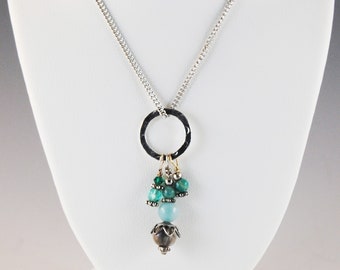 Job's Tears Necklace with Amazonite  and Turquoise, 24 in, stainless steel chain, BEST SELLER