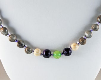 Job's Tears Necklace with Purple Salwag beads and Green Jade, 31 inches long