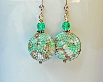 Beaded earrings in teal color summer beach colors, vintage buttons