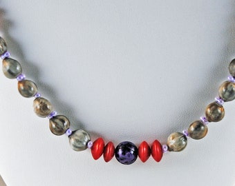 Job's Tears Necklace, Red Buri Nut Beads, Purple Salwag Beads, about 31 inches long, red hat society