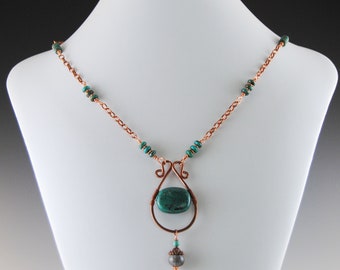 Natural Turquoise and Hammered Copper Pendant with Job’s Tears Beads and Turquoise Beads/Bohemian