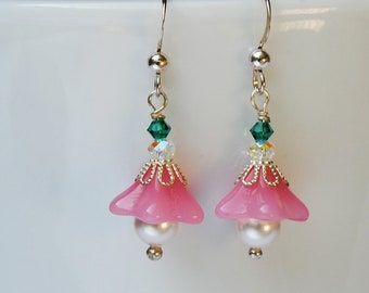 Pink Earrings,  Czech glass, Swarovski pearls, Swarovski crystals, Sterling silver filigree bead caps