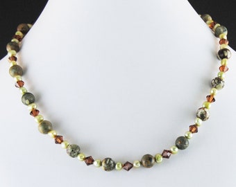 Green Opal, Pearls, Swarovski, Copper Necklace