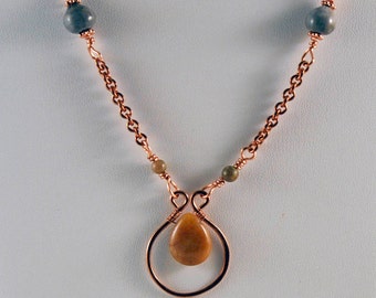 Peach Aventurine Hammered Copper Pendant and Job’s Tears Necklace