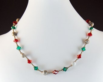 Job's Tears Necklace with red and green Swarovski crystals