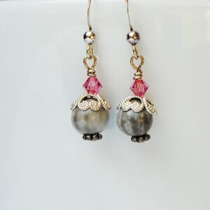 Natural Job&#39;s Tears earrings with sterling bead caps and pink Swarovski crystals