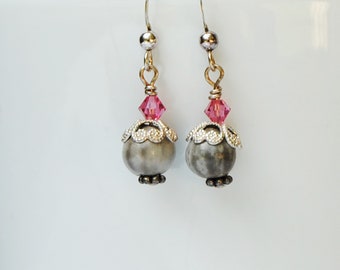 Natural Job's Tears earrings with sterling bead caps and pink Swarovski crystals