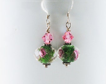 Green and Pink Glass Earrings Swarovski crystals and sterling silver    no. E242