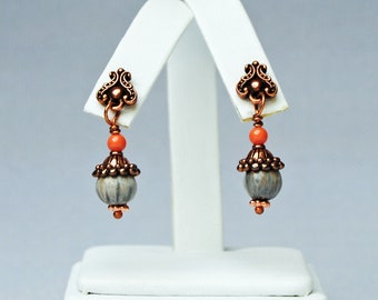 Copper Stud Earrings with Natural Job’s Tears Beads and Coral Swarovski Pearls/bohemian/natural, eco-friendly
